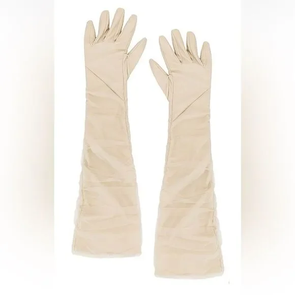 LaMarque Marilyn faux leather tulle gloves bone cream elbow length Revolve